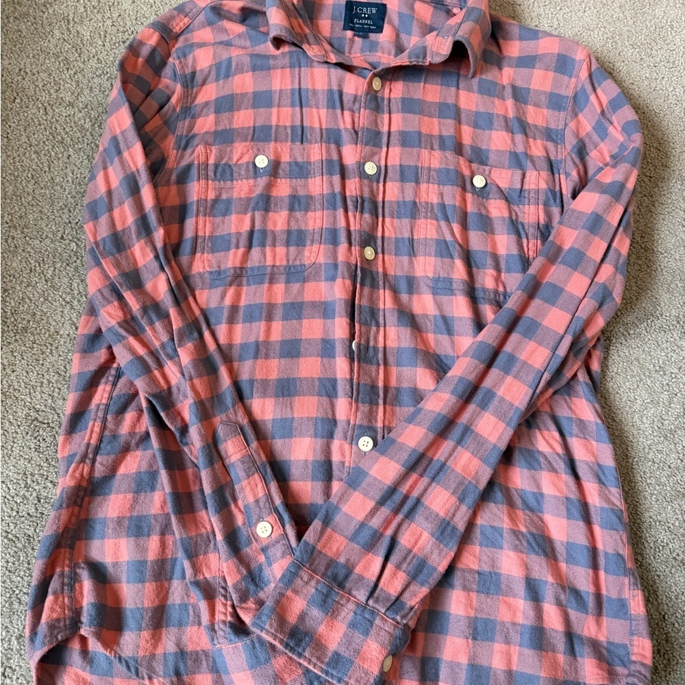 J. Crew Men's Coral and Navy Plaid Shirt